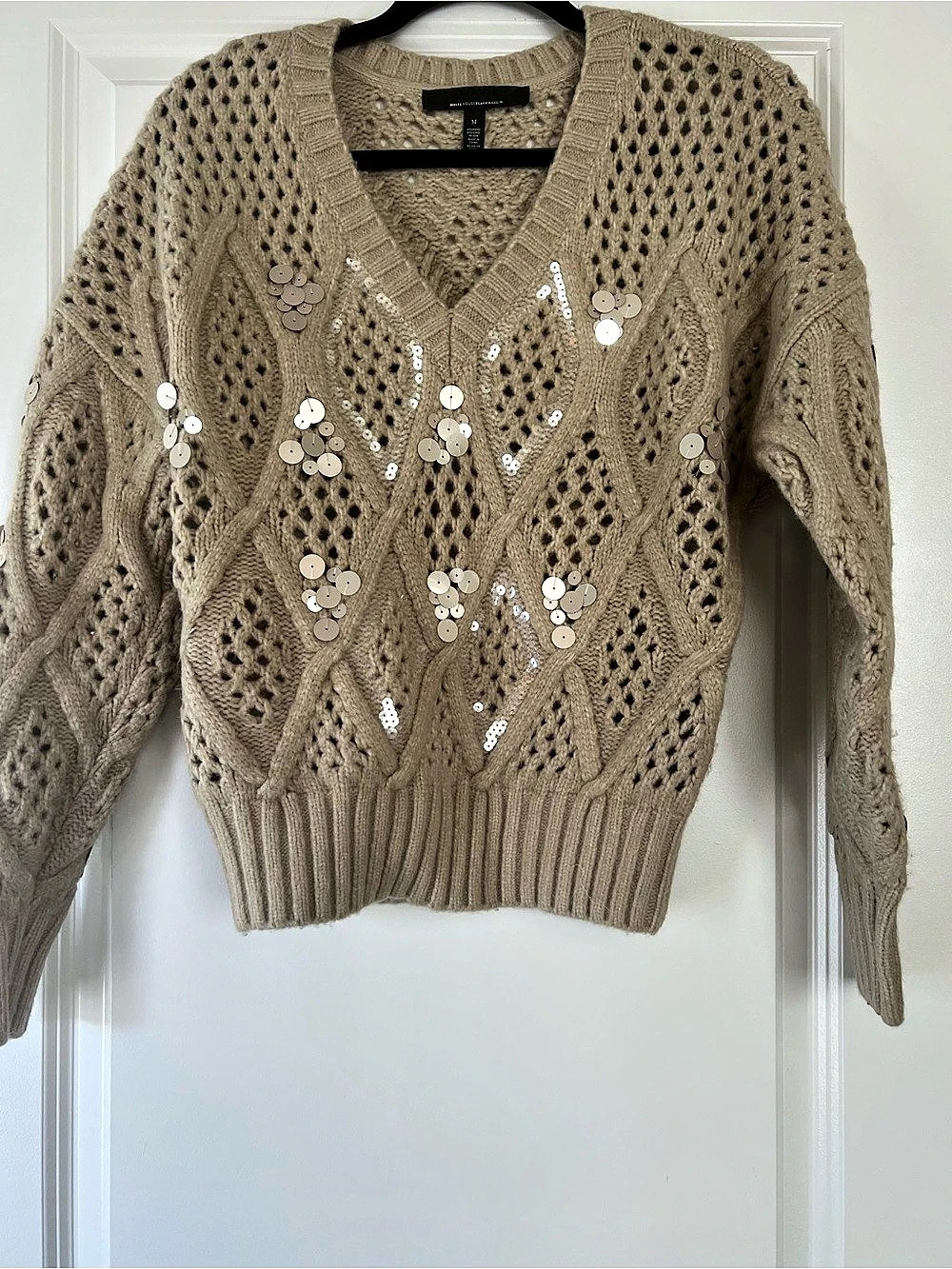 White House Black Market Open Weave  Knit Sequin V-Neck Sweater